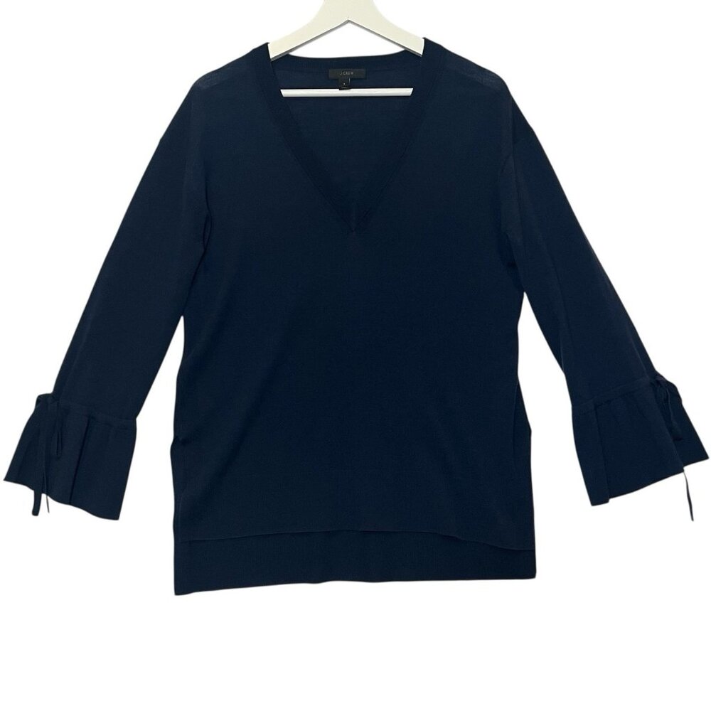 J. Crew Women’s Merino Wool V Neck Small  Sweater drawstring sleeves Navy Blue